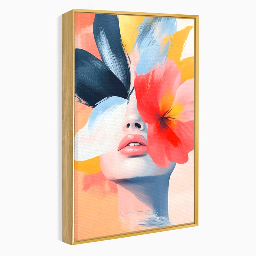 Tablou canvas cu tablou canvas cu fata de femeie si flori pictate, in rama de aluminiu auriu